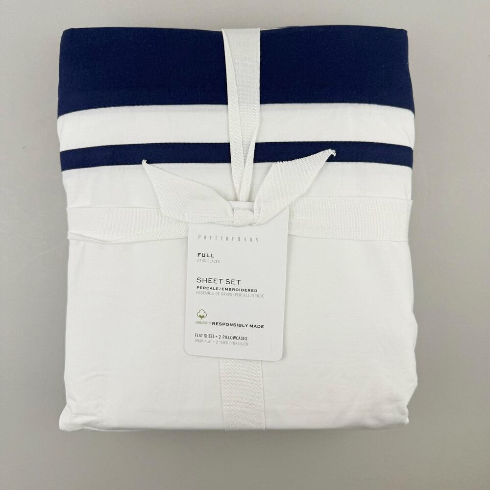 Pottery Barn Parker Organic Percale Sheet Set FULL/DOUBLE Twilight Blue White